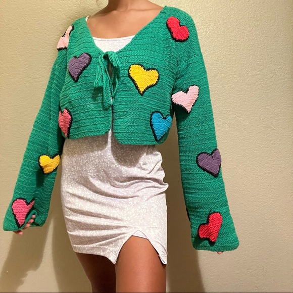 Green shop fluffy heart crochet cardigan size small - Picture 1 of 3